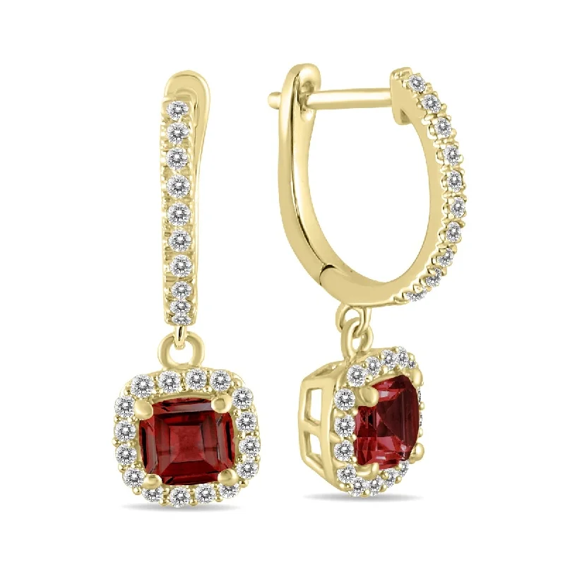 Thirteen-gem earrings-Marquee 1 Carat Garnet and Diamond Halo Dangle Earrings in 10K Yellow Gold