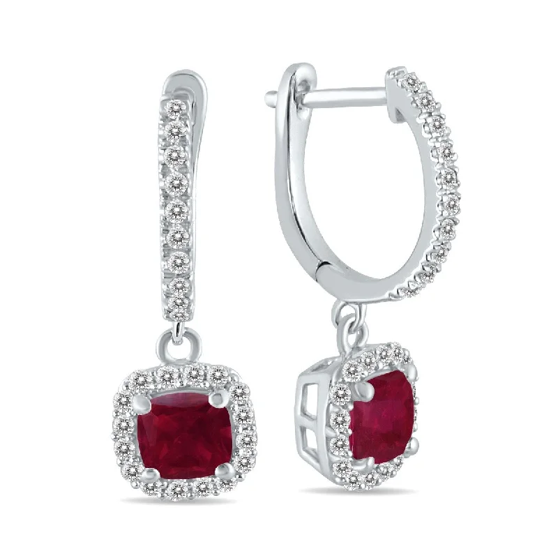 Rolling tide earrings-Marquee 1 Carat Ruby and Diamond Halo Dangle Earrings in 10K White Gold