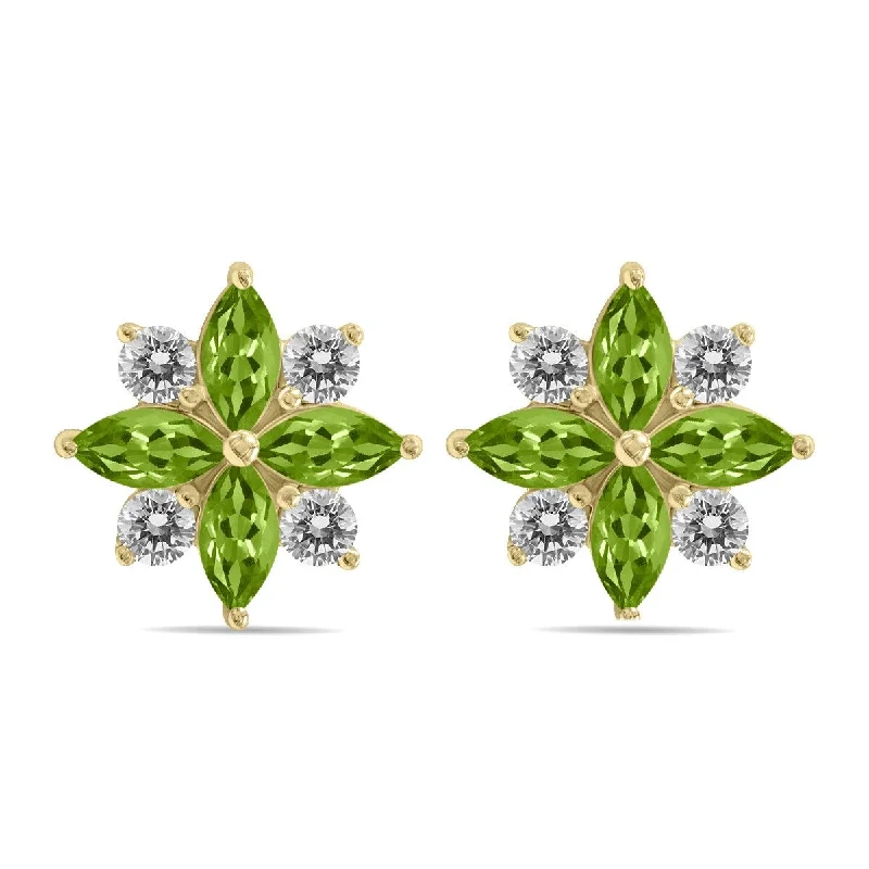 Dimpled earrings-Marquee 1 Carat TW Peridot and Diamond Flower Earrings in 10K Yellow Gold