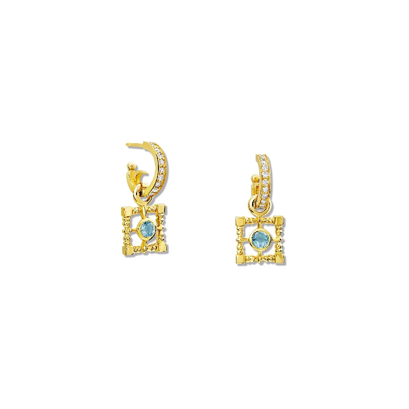 Retro-style opal earrings-Mashrabiya Trellis Square Earring Drops Yellow Gold - Blue Topaz