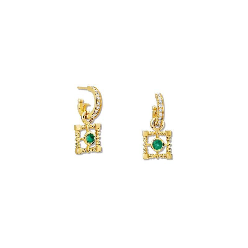 Seven-stone earrings-Mashrabiya Trellis Square Earring Drops Yellow Gold - Emerald