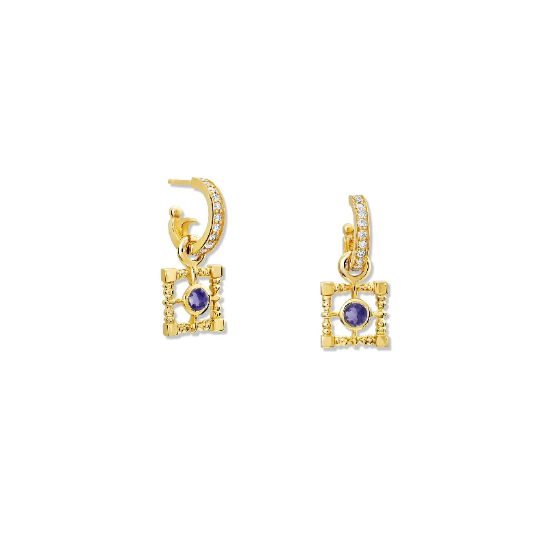 Hovering gem earrings-Mashrabiya Trellis Square Earring Drops Yellow Gold - Iolite