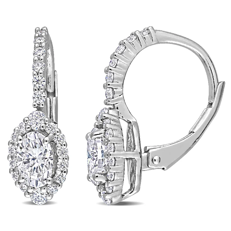 Sparkling drop earrings-Miadora 1 1/2ct DEW Oval-cut Moissanite Halo Drop Leverback Earrings in Sterling Silver