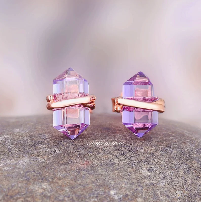 Retro apatite earrings-Minimalist Raw Alexandrite Stud Earrings- 14K Rose Gold Vermeil