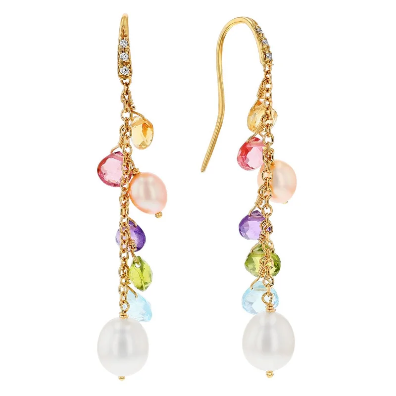 Offset gem earrings-Paradise Gemstone Earrings with Freshwater Pearls & Diamond Accents