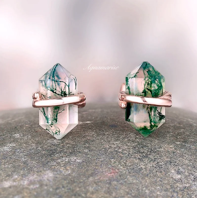 Smelted gold earrings-Raw Green Moss Agate Stud Earrings- 14K Rose Gold Vermeil