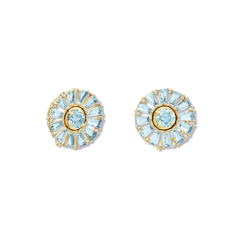 Edge-bezel earrings-Roi Soleil Earring Halos Yellow Gold - Blue Topaz & Diamond