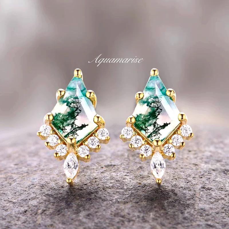 Sweeping ridge earrings-Skye Kite™  Kite Green Moss Agate Stud Earrings- 14K Yellow Gold Vermeil