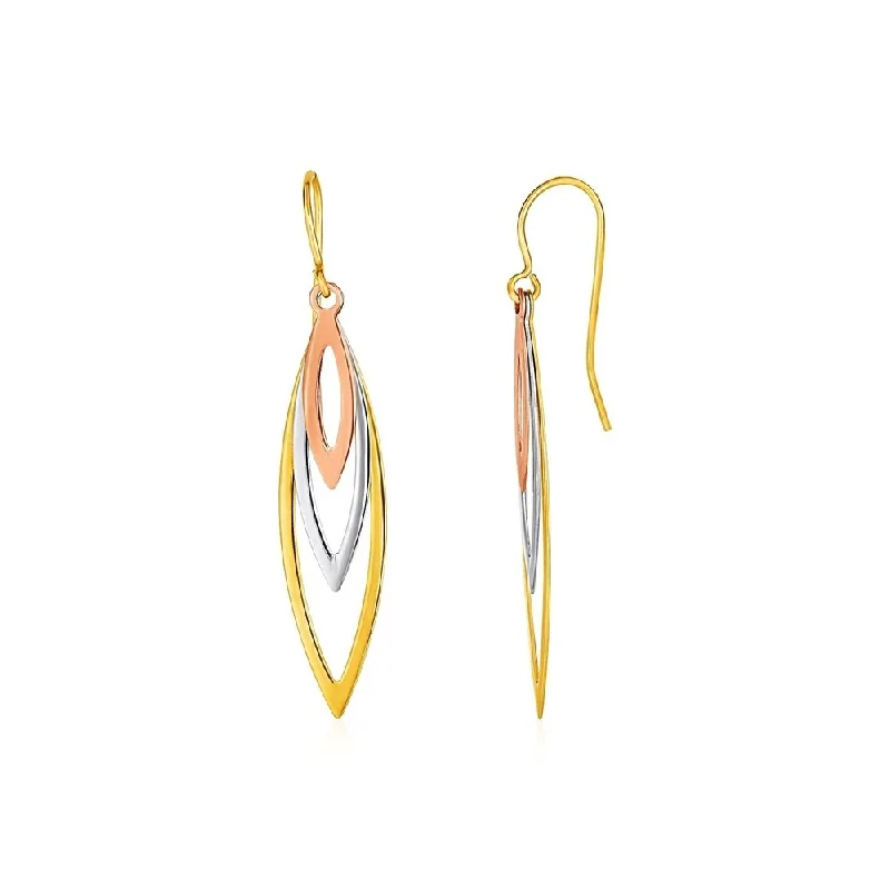 Narrow-tier earrings-Tri-Tone Graduated Open Marquise Earrings in 10k Yellow White and Rose Gold