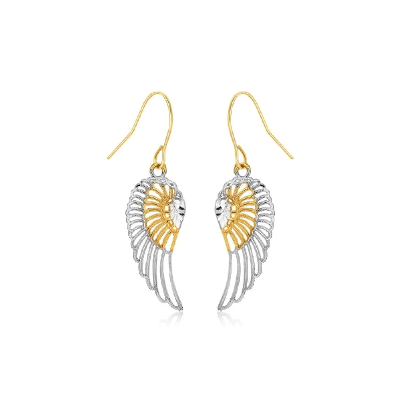 Uncut ruby earrings-Two-Tone Wing Drop Earrings in 10K Gold